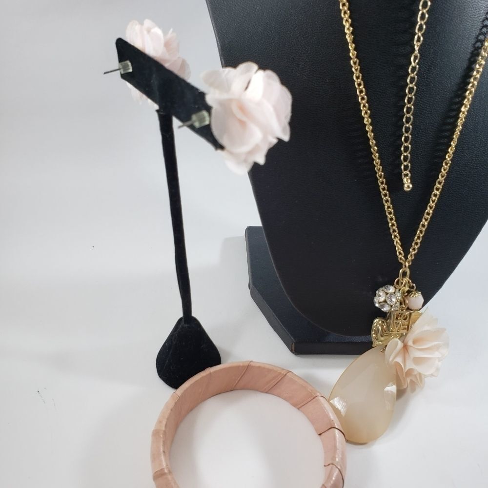 3 pc set pink poof flower earrings charm necklace - Picture 3 of 5